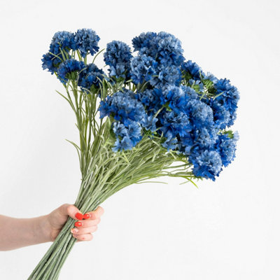 Blooming Artificial - 24-Pack of Faux Blue Cornflower Stems - Indoor Use