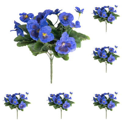 Blooming Artificial - 28cm / 1ft Blue Fake Pansy Bush Multi-Pack - Outdoor Use - Pack of 6