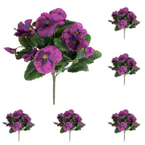 Blooming Artificial - 28cm / 1ft Purple Artificial Pansy Bush Multi-Pack - Outdoor Use - Pack of 6