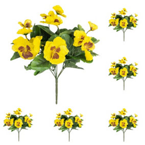 Blooming Artificial - 28cm / 1ft Yellow Artificial Pansy Bush Multi-Pack - Outdoor Use - Pack of 6