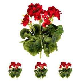 Blooming Artificial - 37cm / 1.25ft Red Artificial Geranium Bush Multi-Pack - Outdoor Use - Pack of 4
