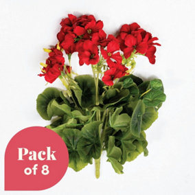 Blooming Artificial - 37cm / 1.25ft Red Artificial Geranium Bush Multi-Pack - Outdoor Use - Pack of 8