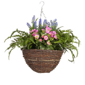 Blooming Artificial Pink / green Artificial Wild Flower Hanging Basket  - Outdoor Fake Flowers - Pack of 1