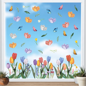 Blooming Watercolour Tulips with Butterflies Spring Window Clings