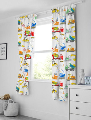 Bloomsbury Mill - Construction Diggers Curtains for Kids Bedroom - Lined Curtain Pair inc Tie Backs 66 x 72 inch or 168cm x 183cm