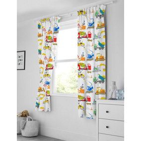 Bloomsbury Mill - Construction Diggers Curtains for Kids Bedroom - Lined Curtain Pair inc Tie Backs 66 x 72 inch or 168cm x 183cm