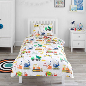 Bloomsbury Mill - Construction Diggers Kids Single Bed Duvet Cover and Pillowcase Set - Single - 135 x 200cm