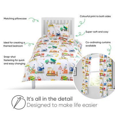 Bloomsbury Mill - Construction Diggers Kids Toddler Cot Bed Duvet Cover and Pillowcase Set - Cot Bed - 150 x 120cm