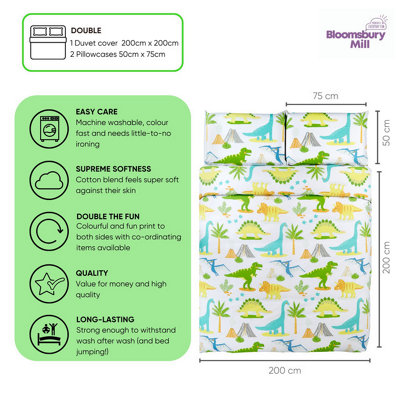Bloomsbury Mill - Dinosaur World Kids Double Bed Duvet Cover and Pillowcases Set - Double - 200 x 200cm
