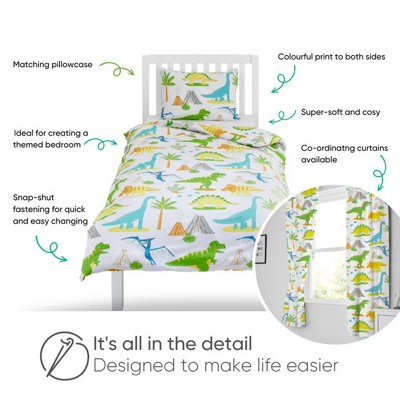 Bloomsbury Mill - Dinosaur World Kids Double Bed Duvet Cover and Pillowcases Set - Double - 200 x 200cm