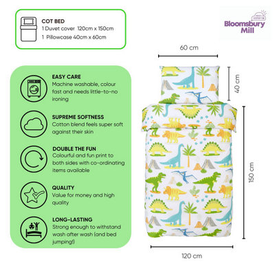 Bloomsbury Mill - Dinosaur World Kids Toddler Cot Bed Duvet Cover and Pillowcase Set - Cot Bed - 150 x 120cm