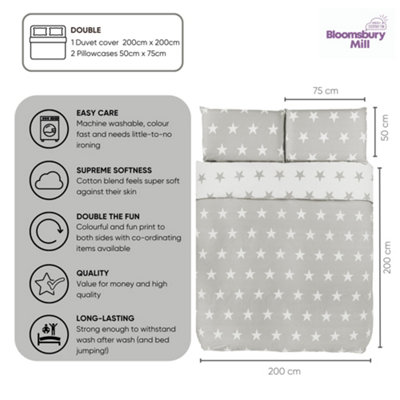Bloomsbury Mill - Grey and White Stars Kids Reversible Double Bed Duvet Cover and Pillowcases Set - Double - 200 x 200cm