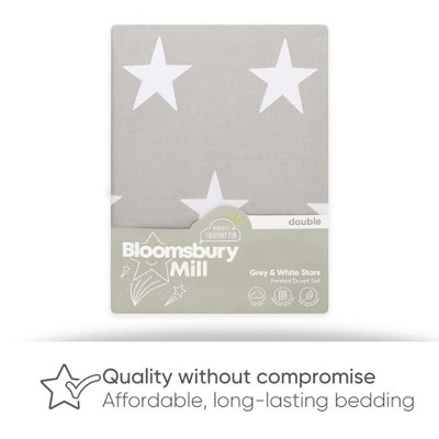 Bloomsbury Mill - Grey and White Stars Kids Reversible Double Bed Duvet Cover and Pillowcases Set - Double - 200 x 200cm