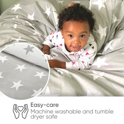 Bloomsbury Mill - Grey and White Stars Kids Reversible Double Bed Duvet Cover and Pillowcases Set - Double - 200 x 200cm