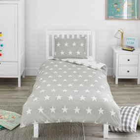 Bloomsbury Mill - Grey and White Stars Kids Reversible Single Bed Duvet Cover and Pillowcase Set - Single - 135 x 200cm