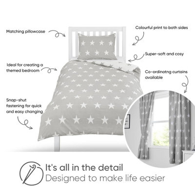 Bloomsbury Mill Grey and White Stars Reversible Toddler Cot Bed Duvet Cover and Pillowcase Set Cot