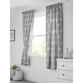 Bloomsbury Mill - Grey & White Stars Curtains for Kids Bedroom - Lined Curtain Pair with Tie Backs 66 x 72 inch or 168cm x 183cm