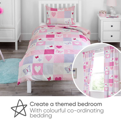 Bloomsbury Mill - Hearts & Butterflies Curtains for Kids Bedroom - Lined Curtain Pair inc Tie Backs 66 x 72 inch or 168cm x 183cm