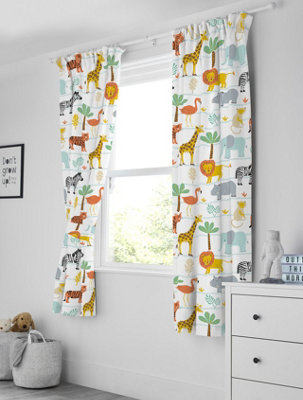 Bloomsbury Mill -  Jungle Animal Curtains for Kids Bedroom - Lined Curtain Pair  with Tie Backs 66 x 72 inch or 168cm x 183cm