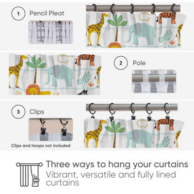 Bloomsbury Mill -  Jungle Animal Curtains for Kids Bedroom - Lined Curtain Pair  with Tie Backs 66 x 72 inch or 168cm x 183cm
