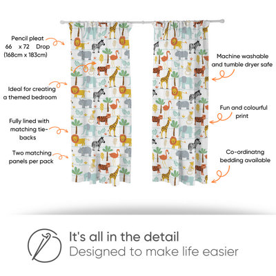 Bloomsbury Mill -  Jungle Animal Curtains for Kids Bedroom - Lined Curtain Pair  with Tie Backs 66 x 72 inch or 168cm x 183cm