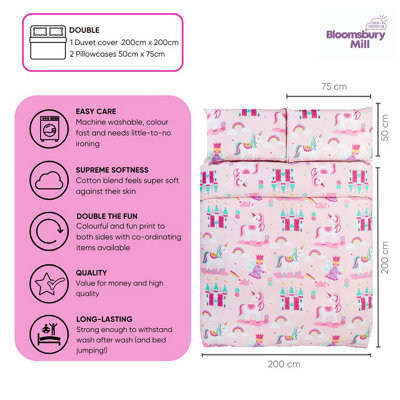 Bloomsbury Mill - Magic Unicorn Kids Double Bed Duvet Cover and Pillowcases Set for Girls - Double - 200 x 200cm