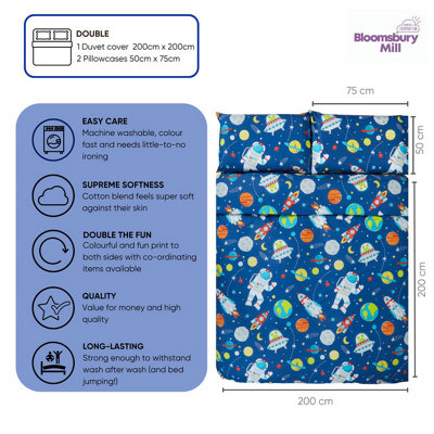 Bloomsbury Mill - Outer Space Kids Double Bed Duvet Cover and Pillowcases Set - Double - 200 x 200cm