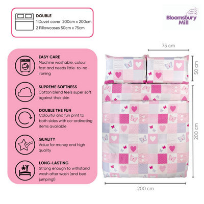Bloomsbury Mill - Patchwork Butterflies & Hearts Kids Double Bed Duvet Cover and Pillowcases Set for Girls - Double - 200 x 200cm