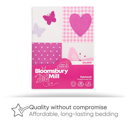 Bloomsbury Mill - Patchwork Butterflies & Hearts Kids Double Bed Duvet Cover and Pillowcases Set for Girls - Double - 200 x 200cm