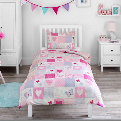 Bloomsbury Mill - Patchwork Butterflies & Hearts Kids Single Bed Duvet Cover and Pillowcase Set for Girls - Single - 135 x 200cm