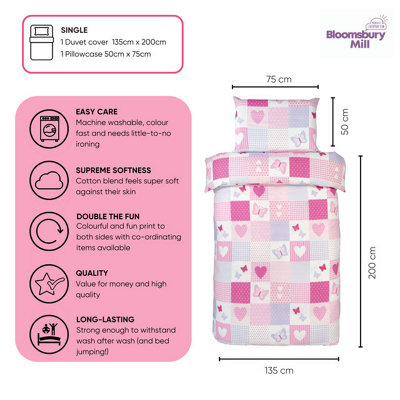 Bloomsbury Mill - Patchwork Butterflies & Hearts Kids Single Bed Duvet Cover and Pillowcase Set for Girls - Single - 135 x 200cm