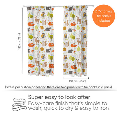 Bloomsbury Mill - Woodland Animals  Curtains for Kids Bedroom - Lined Curtain Pair with Tie Backs 66 x 72 inch or 168cm x 183cm