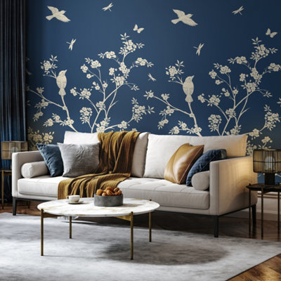 Blossom Trail Navy - 3 Drop Repeatable Wall Mural