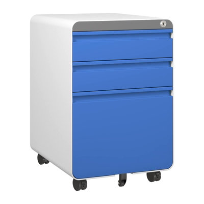 Blue 3-Drawer Mobile File Cabinet for A4 File Lockable with Hanging File Frame and Anti-tilt Rolling Design