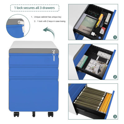 Blue 3-Drawer Mobile File Cabinet for A4 File Lockable with Hanging File Frame and Anti-tilt Rolling Design - 3