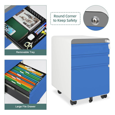 Blue 3-Drawer Mobile File Cabinet for A4 File Lockable with Hanging File Frame and Anti-tilt Rolling Design - 4