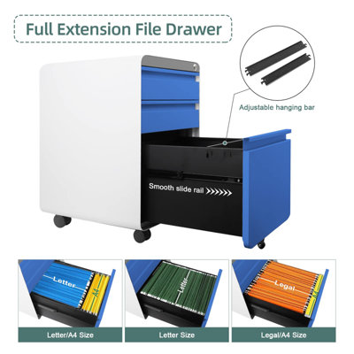 Blue 3-Drawer Mobile File Cabinet for A4 File Lockable with Hanging File Frame and Anti-tilt Rolling Design - 5