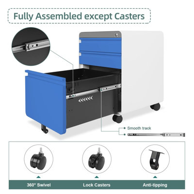 Blue 3-Drawer Mobile File Cabinet for A4 File Lockable with Hanging File Frame and Anti-tilt Rolling Design - 6