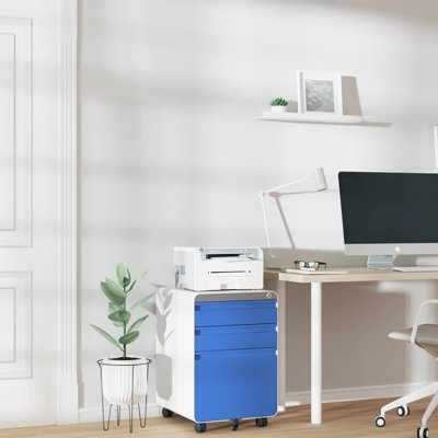 Blue 3-Drawer Mobile File Cabinet for A4 File Lockable with Hanging File Frame and Anti-tilt Rolling Design - 8