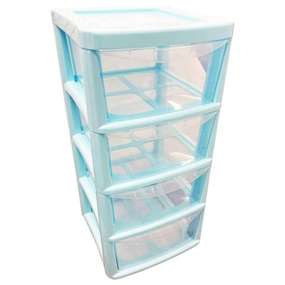 Blue 4 Drawer Storage Tower Unit With Clear Spacious Drawers For Home & Office Organisation