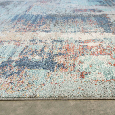 Blue Abstract Soft Distressed Fireside Living Area Rug 240cm x 330cm