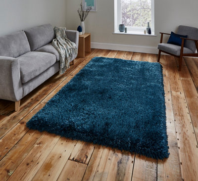 Blue Acrylic Easy to Clean Handmade Modern Plain Shaggy Rug for Living Room, Bedroom - 150cm X 230cm