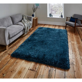 Blue Acrylic Easy to Clean Handmade Modern Plain Shaggy Rug for Living Room, Bedroom - 150cm X 230cm