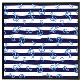 Blue anchors on navy striped background (Picutre Frame) / 16x16" / Oak