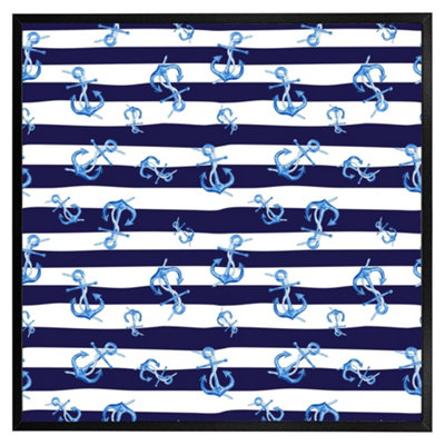 Blue anchors on navy striped background (Picutre Frame) / 30x30" / Black