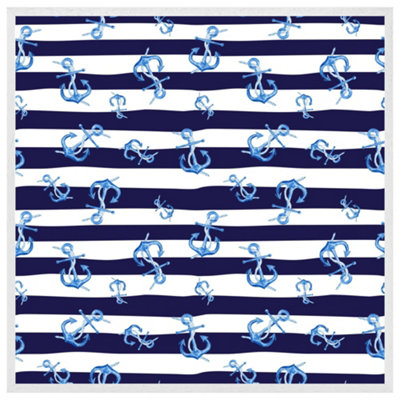 Blue anchors on navy striped background (Picutre Frame) / 30x30" / Black