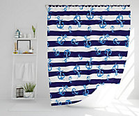 Blue Anchors on Navy Striped Background (Shower Curtain) / Default Title