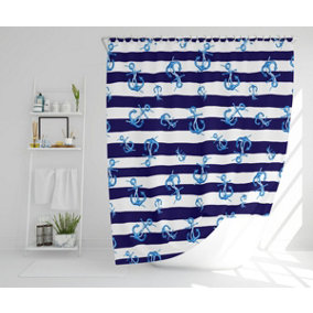 Blue Anchors on Navy Striped Background (Shower Curtain) / Default Title