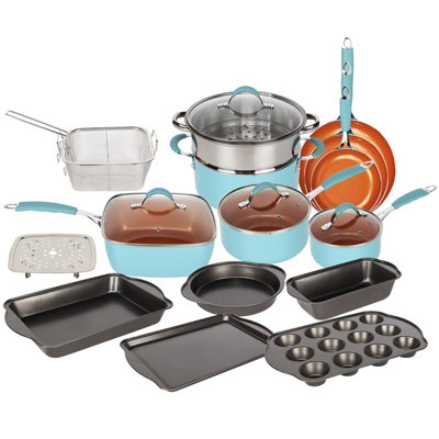 21Pcs Kitchen Utensils Starter Set COPPER Look Pots Pans Cookware Bakeware