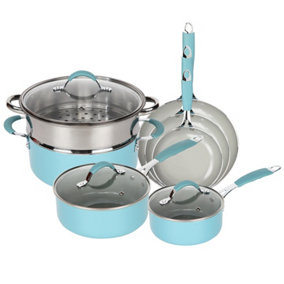 Blue and Dove Grey Induction 10 Pcs Cookware Set Non Stick Frying Pan Saucepan